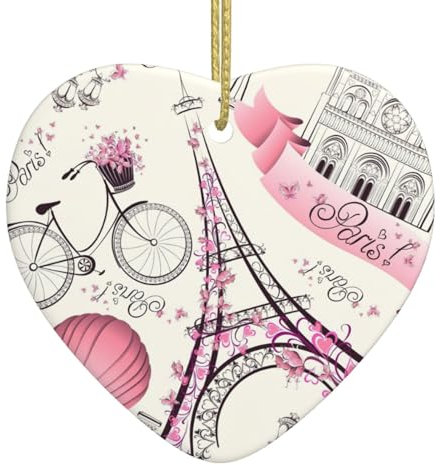 Der Paris Turm und ein Fahrrad Premium Keramik Herzform Christbaumschmuck Porzellan mit schönem Druck Design
