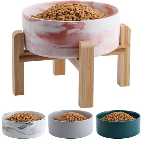 Addggo Elevated/Raised Dog Bowl Ceramic for Medium Large Sized Breed,Dog Food Water Bowl with Stand,8 in 7.6 Cups Non Slip Heavy Weighted Marble Pink