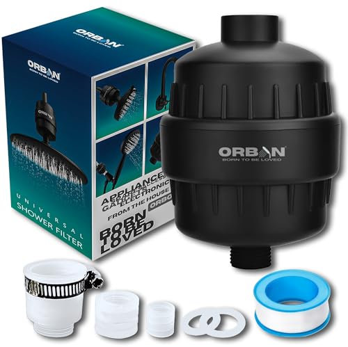 ORBON Duschfilter | Duschkopffilter für hartes Wasser | Wasserenthärter Duschkopf | Badewasserfilter für Dusche | Mit 15 Schichten Filtration | Mit 3 in 1 Filteradapter & Teflonband | Schwarz