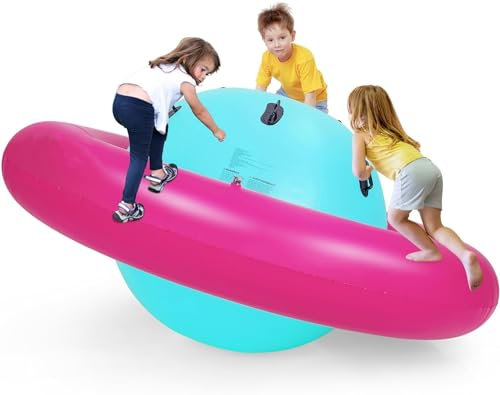 8FT Inflatable Dome Rocker Bouncer, Outdoor Kids Giant Roll and Play Seesaw Rocker with 6 Secure Handles, Toddlers Climbing Toy Play Center Equipment (Pink + Green)