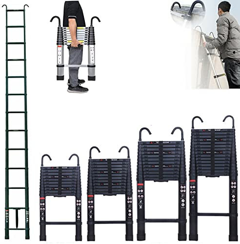 Telescopic Folding Ladder with hooks, 20.3FT Black Multi-Purpose Aluminium Loft Ladder Extendable Portable Telescoping Ladder Lightweight Collapsible Ladder for Outdoor Indoor Work, 330lb Capacity