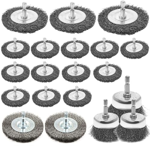 20 Stück Drahtbürste Bohrmaschine Set mit Sechskantstange für Akkuschrauber - Hochwertiges Edelstahlmaterial, Langlebig und Effizient