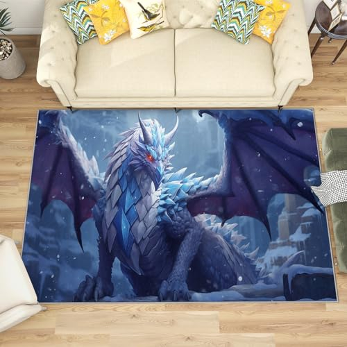 Teppich Kinderzimmer Drache - Teppich Wohnzimmer Schlafzimmer Drachenmotiv, Kleiner Teppich Kinder Drachen, Weich Kurzflor & Waschbar & rutschfest Fussmatte Innen, Kinderteppich 50x80 cm
