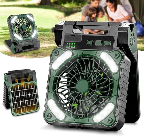 AKOFIC 10400mAh Solar Fan, Camping Fan with Solar Panel, Portable Rechargeable Battery Powered Fan with LED Lantern, 4 Speeds Foldable Silent Tent Fan for Picnic, Barbecue, Fishing, Travel