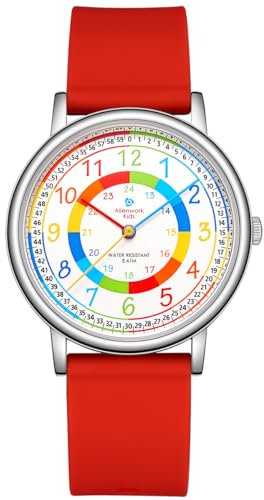 Alienwork Lernuhr Kinderuhr Mädchen Uhrzeit Lernen Silber Silikon-Armband Rot Mehrfarbig Kinder-Uhr Zeit Lernen Ultra-flach dünn