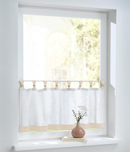 Kutti Cottage weiß beige Bistrogardine Scheibengardine Baumwolle Landhausstil Schlaufen Holzkugeln (B 120 x H 35 cm)