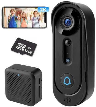 Eaula Videns 2K Doorbell Camera Wireless, WiFi Video Doorbell with Free Ring Chime, Indoor/Outdoor Surveillance Human Detection, 2-Way Audio, Night Vision, 32 SD Card, Battery Powered, No Monthly Fee