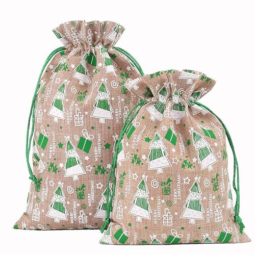 HERZONE 10pcs Weihnachten Jutesäckchen Jute Säckchen mit Weihnachts Motiv Geschenksäckchen Jutesack Jute Beutel Geschenkverpackung Stoffbeutel Weihnachts Dekoration (20X30cm)