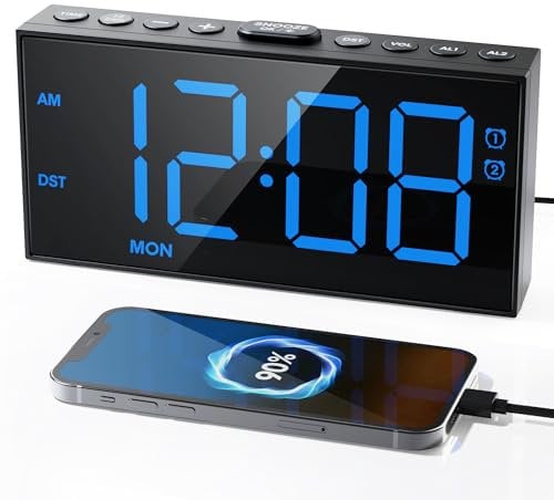 Roxicosly Alarm Clocks Bedside for Heavy Sleepers, 7.5 Large Display with Week, Large Blue Bold Digits, Type C & USB Charging, 5 Dimmer 5 Volumes, Snooze, Weekday Weekend, Battery Backup