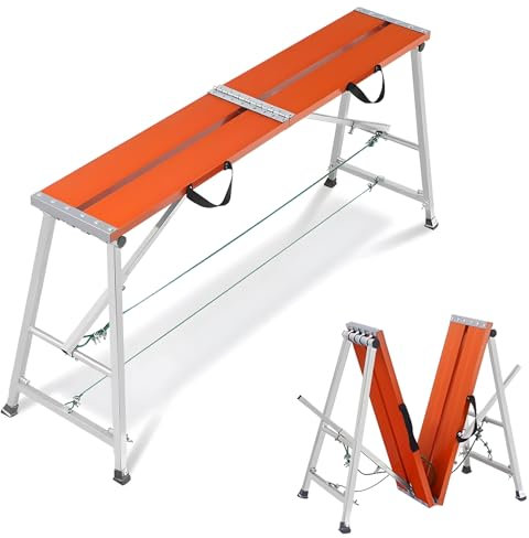 Folding Work Platform, Alminium Height Adjustable Scaffolding Ladder, Portable Large Size Step Stool, Work Bench with Non-Slip Mat 300 kg Capacity