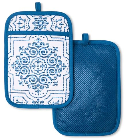 MARTHA STEWART Strie Medallion Pot Holder 2-Pack Set, Heat Resistant, Non-Slip Silicone Grip, Navy Blue, 7x10