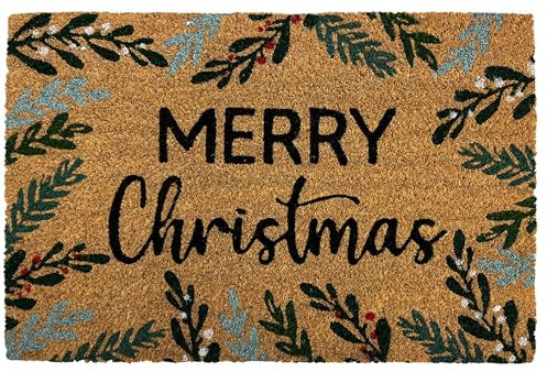 Rugs & More Premium Seasonal Coir Doormats Outdoor - Robust Coconut Fibre Door Mat for Front or Back Entrance - Multiple Styles for Welcoming Home Decor (40 x 60 cm - Merry Christmas Border)