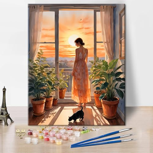 TISHIRON Adult Paint by Numbers Girl's Back Kit de peinture par numéros pour adultes Coucher de soleil Scenery Peinture à l'huile par numéros sur toile Chat Kits de peinture acrylique pour décoration