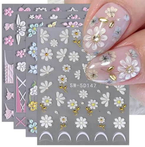JMEOWIO 3D Nagelsticker Blumen French Tip Nail Art Sticker Selbstklebend Nagelaufkleber 5D Stereoskopisch Dekoration Nageldesign Zubehör 4 Blatt