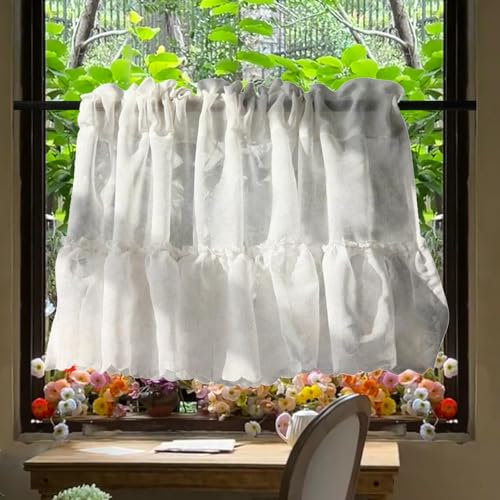 RunFar shop 2pcs(132×50cm) Boho Beige Scheibengardinen Vintage Halbtransparente Bistrogardine küche kurz Gardinen Boho Vorhänge Quasten Fensterschal Halb Transparent für Küche Wohnzimmer Landhaus
