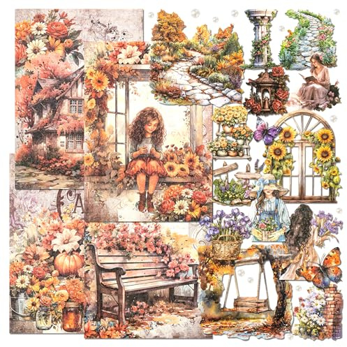 Scrapbook-Set mit Landschaftsmotiven der Gartenserie, Blumen-, Baum-, Haus- und Schmetterlingsaufkleber, Innenhof, Bauerngarten, einseitiges Papier für Junk Journal, Planer, Kunst, Basteln (Iris)
