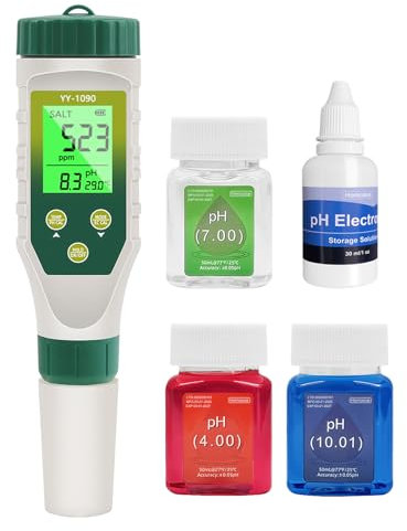 Homcoice Medidor PH 5 EN 1, PH EC TDS Temperatura de salinidad con innovadora pantalla simultánea tres datos, Test pH piscina IP67, Test TDS SAL y PH para agua potable, acuarios, piscinas e hidroponía