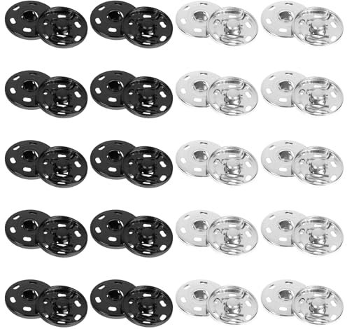 20 Paare Druckknöpfe, 21mm DruckknöPfe zum Annähen Runde Metall Annähen Druckknöpf für Geldbeutel, Handtasche, Kleidung, Schuhe, Nähreparatur, Handwerk DIY (Schwarz, Silber)