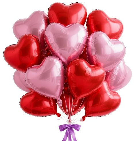 Ballon Coeur Rouge Rose, 12pcs Forme de Coeur Ballons Rose, Ballons en Aluminium Coeur Rose, Rouge Ballon Coeur Helium pour Anniversaire, Mariage, Engagement, Douche de bébé, Valentine Décoration