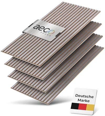Aeco Sound® - Panneaux Acoustiques En Bois, 4 Pièces De 120x60 cm (= 2,88m²) - Feutre Acoustique (Gris) & Placage En Bois Véritable (Poirier) - Revêtement Mural 3D, Isolation Phonique