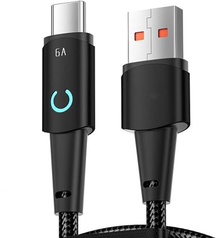 LED USB C Cable 66W 6A Super Fast Charge Type C Cable for Samsung Huawei Xiaomi Oneplus USB Type C Charging Data Cabe-Black 1M