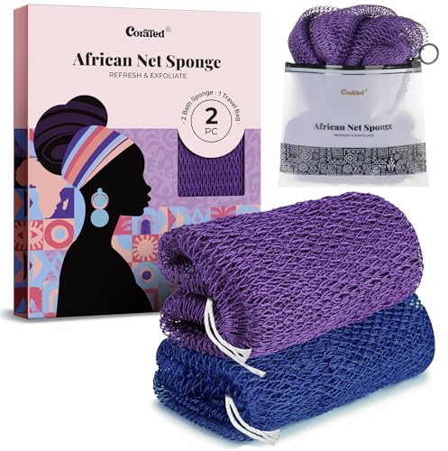 CORATED 2 Pièces de Filet à Bain Africain, Eponge à Bain pour l'Exfoliation du Corps, Gant à Exfolier le Dos – Produits de Nettoyage Beauté pour la Douche/SPA (Bleu et Violet)