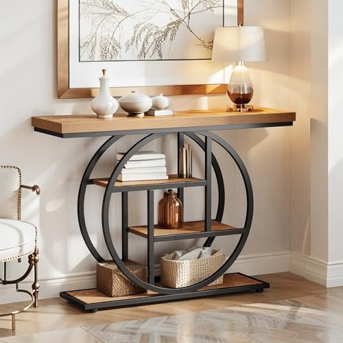 Table console au design industriel - Table basse étroite à 4 niveaux avec base circulaire - Table console d'accent en bois avec compartiments de rangement pour salon, couloir et hall - 105 cm - Marron