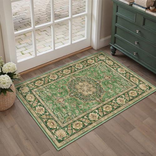 PureCozy FußMatte Teppich 60x90cm klein im Eingangsbereich,Grün Gold | Weich Kurzflor, Rutschfest, Leicht, Schlafzimmer, Esszimmer, Büro, Kinderzimmer Tepich