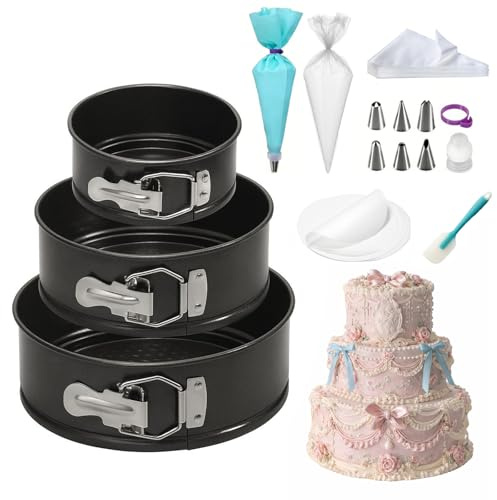 WERTIOO Springform Rund Backformen 3 Stück, Kuchenform aus Kohlenstoffstahl | 10cm/18cm/22cm, Küchenform Rund, Antihaftbeschichte, Käsekuchenform mit & 1 Silikonspatel 20 Blatt Backpapier in jeder Größe