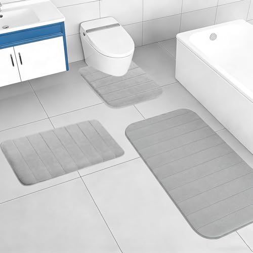 CEWROM Badematte Set 3-teilig aus Memory Foam, rutschfest & Saugfähig, Waschbar, WC Deko, Weich & Schnell Trocknend, Badezimmerteppich für Dusche, WC & Badewanne, U50x60+80x50+120x50cm (Hellgrau)