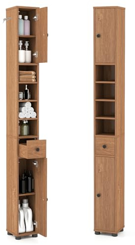 GIANTEX Badschrank Hochschrank, 20 x 20 x 180 cm, Badezimmerschrank Schmal mit Schublade, 2 Türen & 4 offenen Ablagen, Schrank fürs Badezimmer & Wohnzimmer (4 Ablagen, Natur)