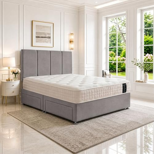 King Divan Bed with Orthopedic, Posture Support, Multi-Layer Pocket Sprung Mattress, Headboard & 2 Storage Drawers – Plush Silver Fabric, 5FT UK Made, Luxury, Space-saving, Bedroom, Guest Room