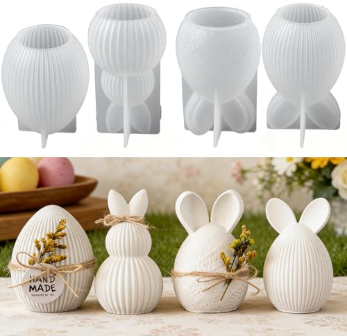 4 Stück Silikonform Ostern Eier,Ostern Kaninchen Silikonform,3D Eierform Ostereierform,silikonformen ostern,Gießformenostern,Gips Gießform ostern,3D Kaninchen Gießform Kerzenformen