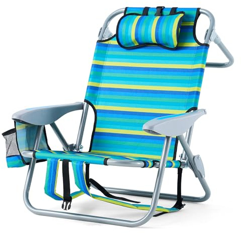 Canpsky Portable Recliners Chair for Adults, Outdoor Camping Chair Lay Flat Folding Backpack Reclining Chair with 5 Positions, Headrest, Zipper Pouch, Cup Holder, NEW Srtiped
