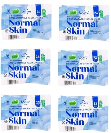Bizzal Lacura 3 in 1 Cleansing Biodegradable Facial Wipes for Normal Skin, with Vitamin E and Pro-Vitamin B5, 25 Wipes, Pack of 6