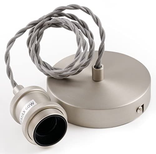 COZZY Vintage Ceiling pendant light fitting, Light Grey Twisted Braided Flex,E27 Lamp Holder Suspended Pendant Light Fitting Kit-Satin Nickel