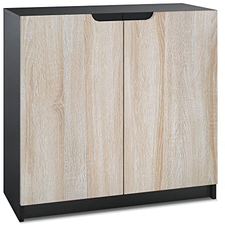 Vladon Sideboard Logan, Made in Germany, Kommode mit 2 Türen, Schwarz matt/Eiche sägerau (82 x 78 x 37 cm)