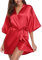 Vlazom Women Kimono Robes Satin Dressing Gown Short Bridal/Bridesmaid Robe Nightwear with Oblique V-Neck - Wine Red - M(UK 8-10)