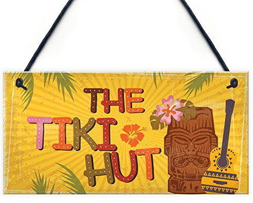 Red Ocean Tiki Hut Hanging Home Bar Pub Kitchen Plaque Alcohol Cocktails Welcome Sign Friend Gift