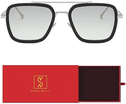 SHEEN KELLY Retro Sonnenbrille Quadratische Brillen Metallrahmen für Männer Frauen Klassiker Sonnenbrille Piloten Silber Schrittweise Linsen, schwarz1:1