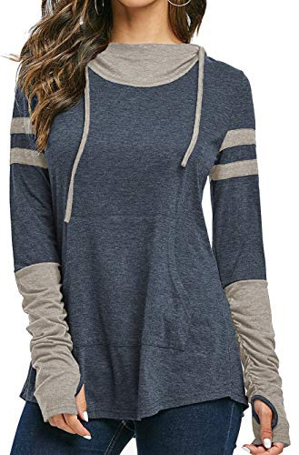 iChunhua Long Sleeve Striped T Shirt Women Tops with Pockets Blue XXL