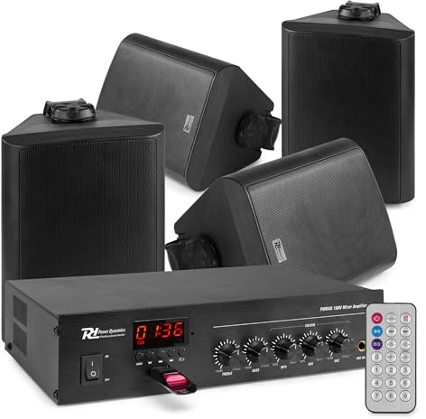 Power Dynamics 100 V Bundle-Set mit 4 schwarzen wetterfesten 5-Lautsprechern für die Aufbaumontage