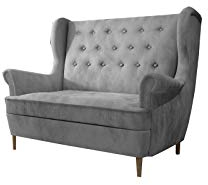 MOEBLO Ohrensofa 2 Sitzer Sofa Garnitur Stoff Samt (Velour) Glamour Wohnlandschaft Chesterfield - Kros (Grau (Monolith 84))