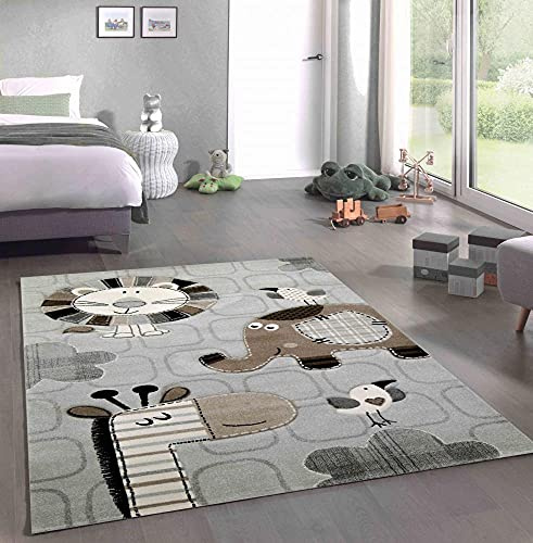 CARPETIA Kinderteppich Kinderzimmer Teppich afrikanische Tiere Giraffe Löwe Elefant Vögel Creme grau braun Größe 200 x 290 cm
