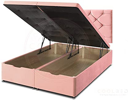 COOL BED Pink Plush Velvet Ottoman End Lift Bed Base with Chesterfield Headboard – No Mattress Included (Pink, 3FT - SINGLE)