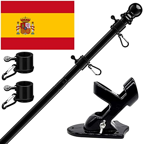 Kit de Asta de Bandera de Aluminio Negro 150 cm con Soporte Asta de Bandera de Acero Inoxidable, kit de barra de bandera de Montaje en Pared Exterior con Anillos Giratorios/ Incluye Bandera Española