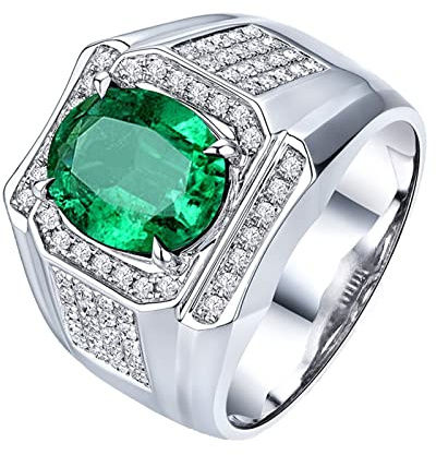 AMDXD Herren Ring 750 Weißgold mit Smaragd 3.1ct und Diamant Breit Eheringe Silber, Männer Geschenk, Gr.62 (19.7)