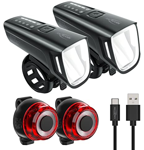 Ansmann Fahrradlicht 2er Bundle Set StVZO zugelassen mit OSRAM LED und Auto. Abblendlicht 200 m Leuchtweite 100 Lux 180 Lumen IPX5 Akkubetrieben aufladbar über USB Vorderlicht & Rücklicht, Schwarz, 2 Sets