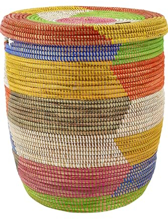 YAADU Wäschekorb mit Deckel 80L - XXL Wäschesammler, Großer Wäschekorb, Wäschebehälter, Wäschetonne, Korb mit Deckel, Wäscheboxen, Afrikanischer Korb, Modell Fulani (Bunt-Flach)