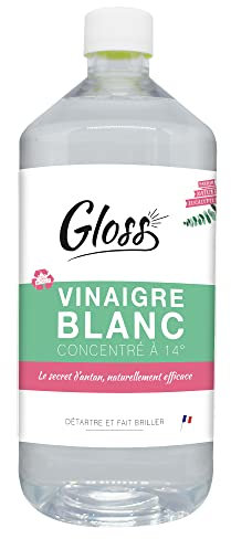 GLOSS- Vinaigre blanc liquide - Nettoie, Détartre, Détache, Dégraisse et Fait briller- Concentration à 14°- Parfum eucalyptus- 100% naturel- Compatible contact alimentaire- 1L - Fabrication française